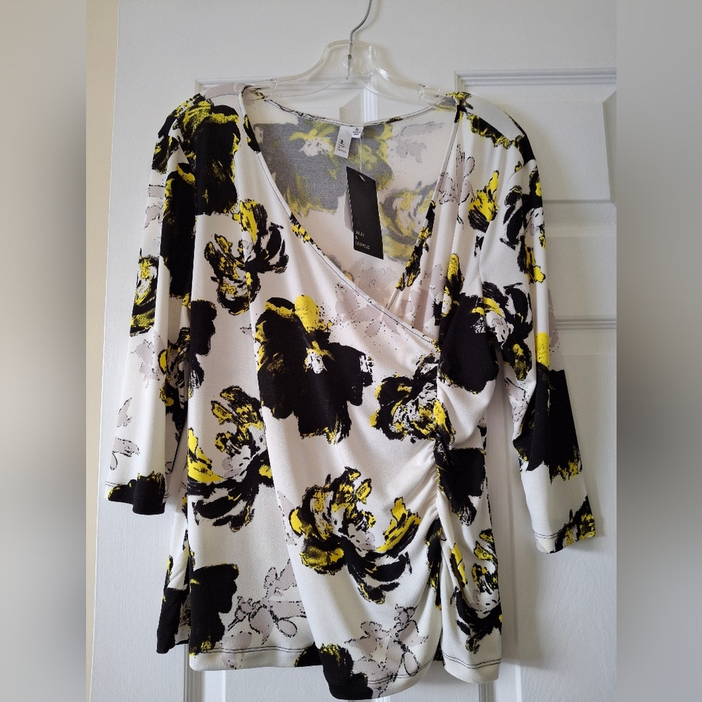 Jules & Leopold Floral Wrap Blouse - Black, Yellow, White